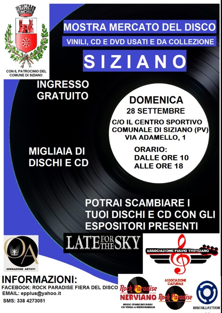 Torna la Mostra Mercato del Disco e CD per Hobbisti!

📀 Migliaia di vinili, CD e DVD
🔄 Porta i tuoi dischi: potrai scambiarli con gli espositori
🎟️ Ingresso gratuito
🚗 Ampio parcheggio
🍴 Possibilità di ristoro e pranzo nelle vicinanze

📍 Centro Sportivo Comunale – Via Adamello 1, Siziano
🕙 Dalle 10:00 alle 18:00